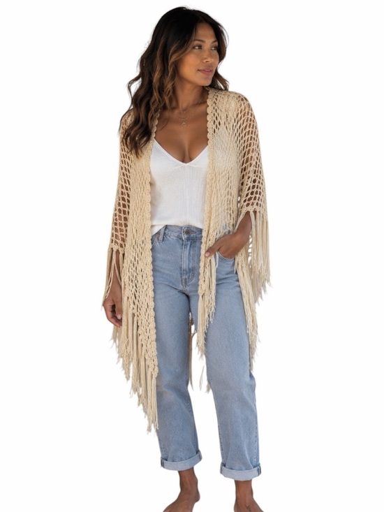 Other - OS Cream Neutral Open Knit Crochet Fringe Oversized Shawl Boho Coastal